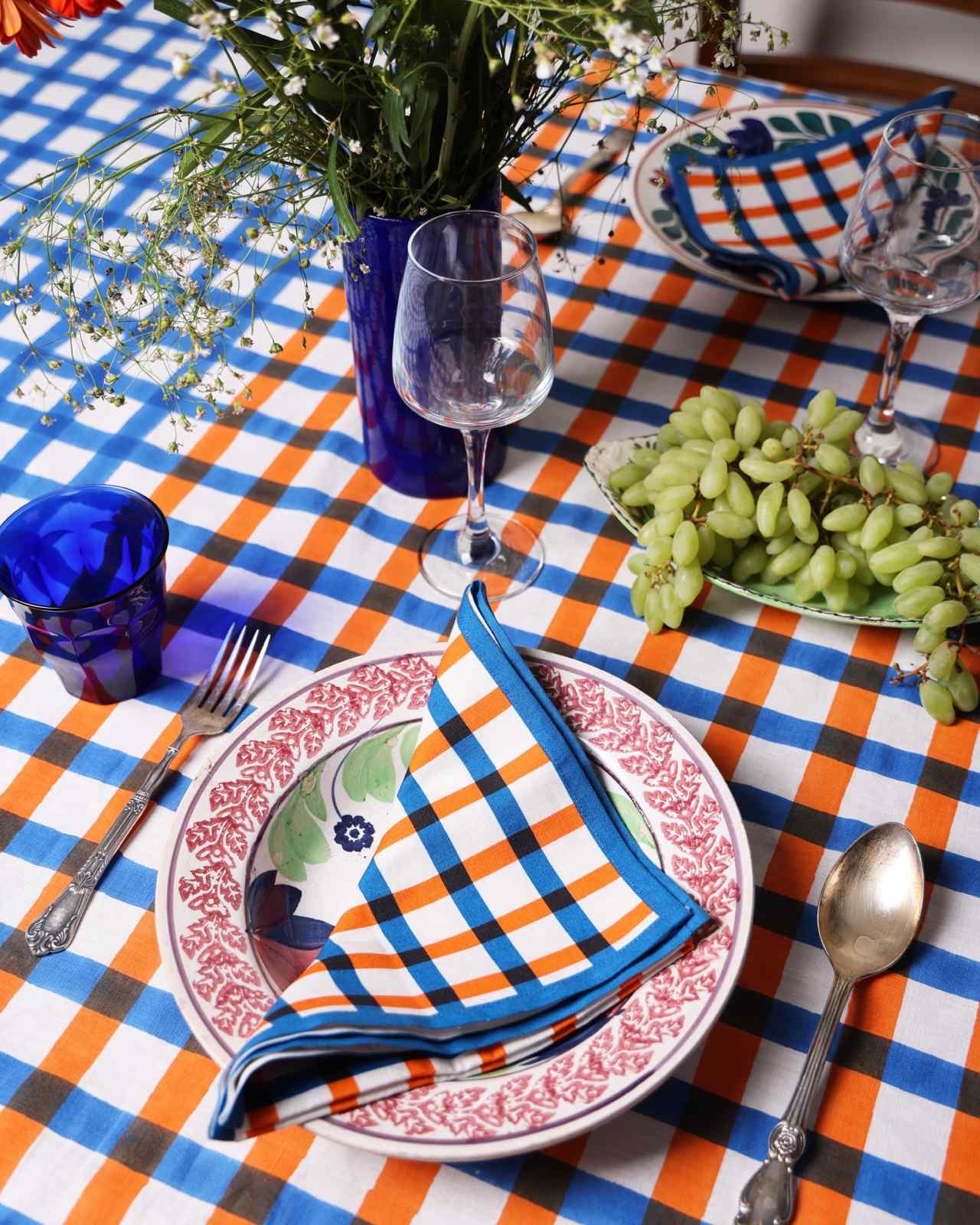 Block Printed Grid Tablecloth