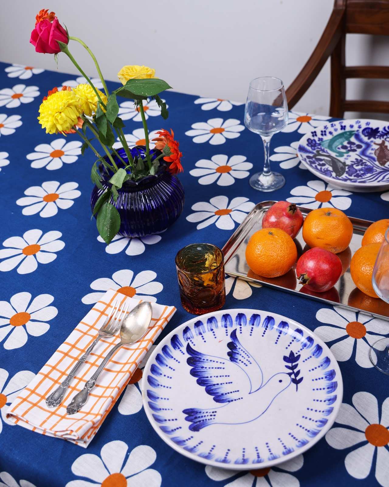 Daisy Printed Tablecloth - Indigo