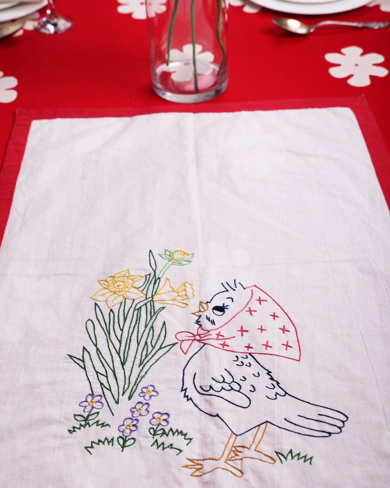 Bird Embroidered Tea Towel