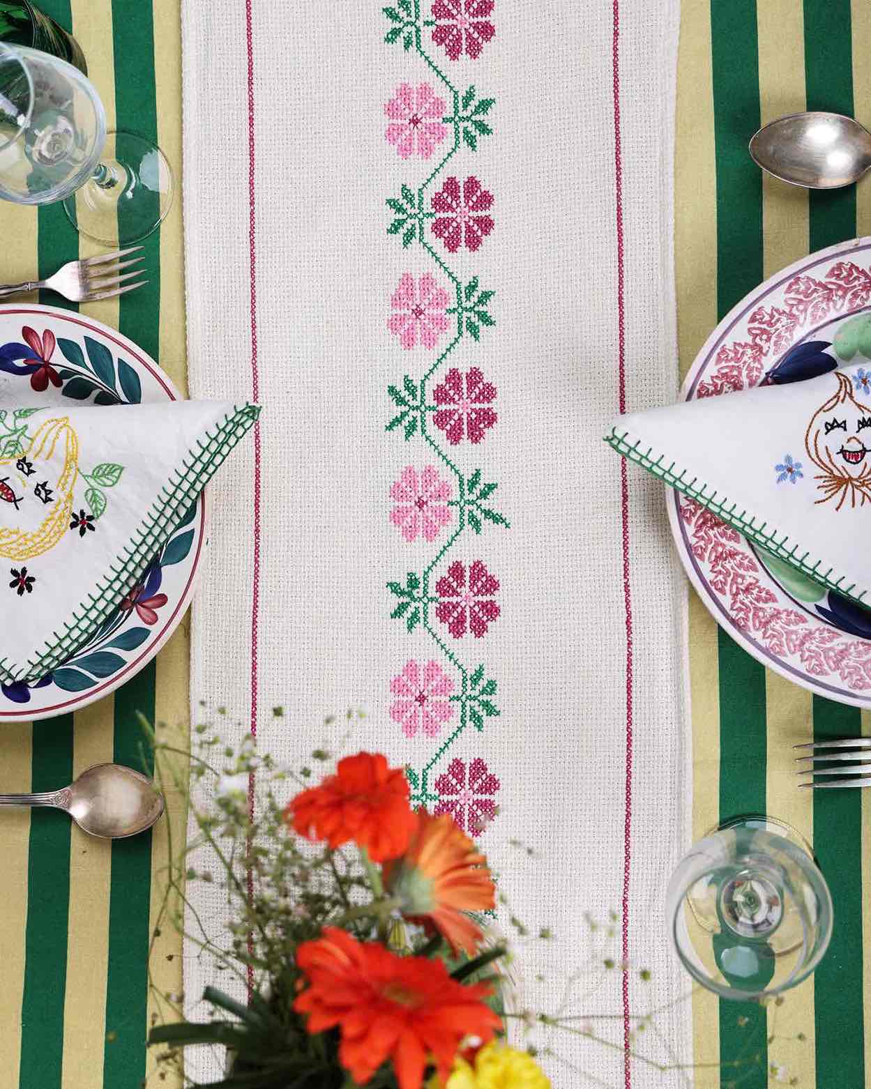 Pink Cross-Stitch Embroidered Table Runner