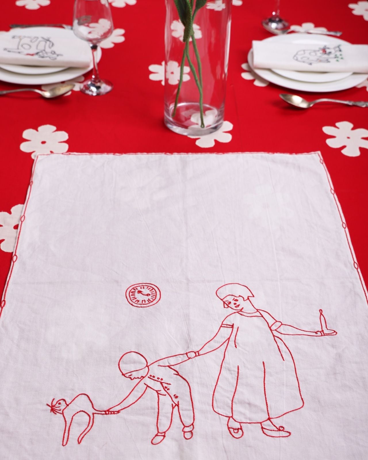Red Work Embroidered Tea Towel