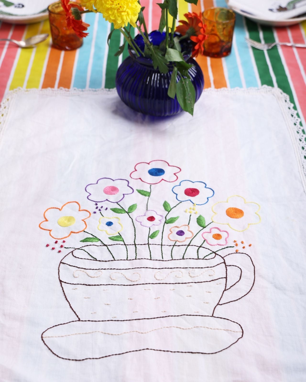 Vase Embroidered Tea Towel