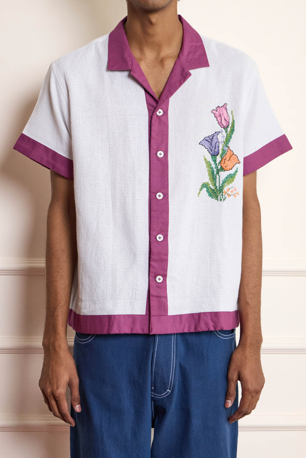 Floral Cross Stitch Embroidered Shirt