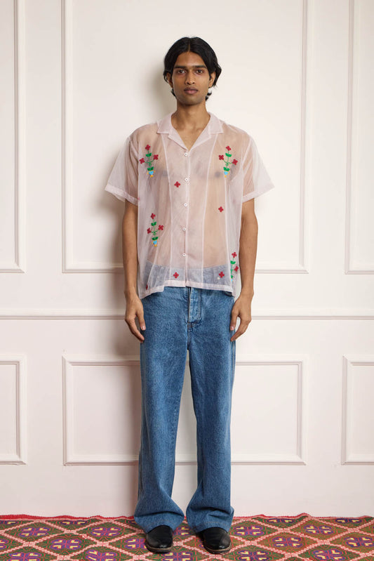 Sheer Floral Embroidered Shirt