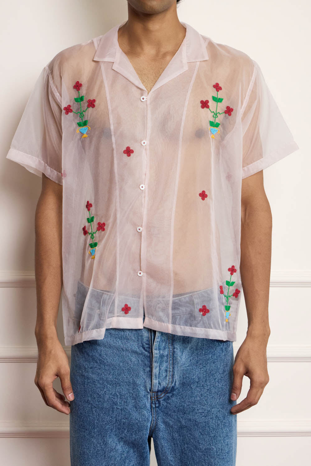 Sheer Floral Embroidered Shirt