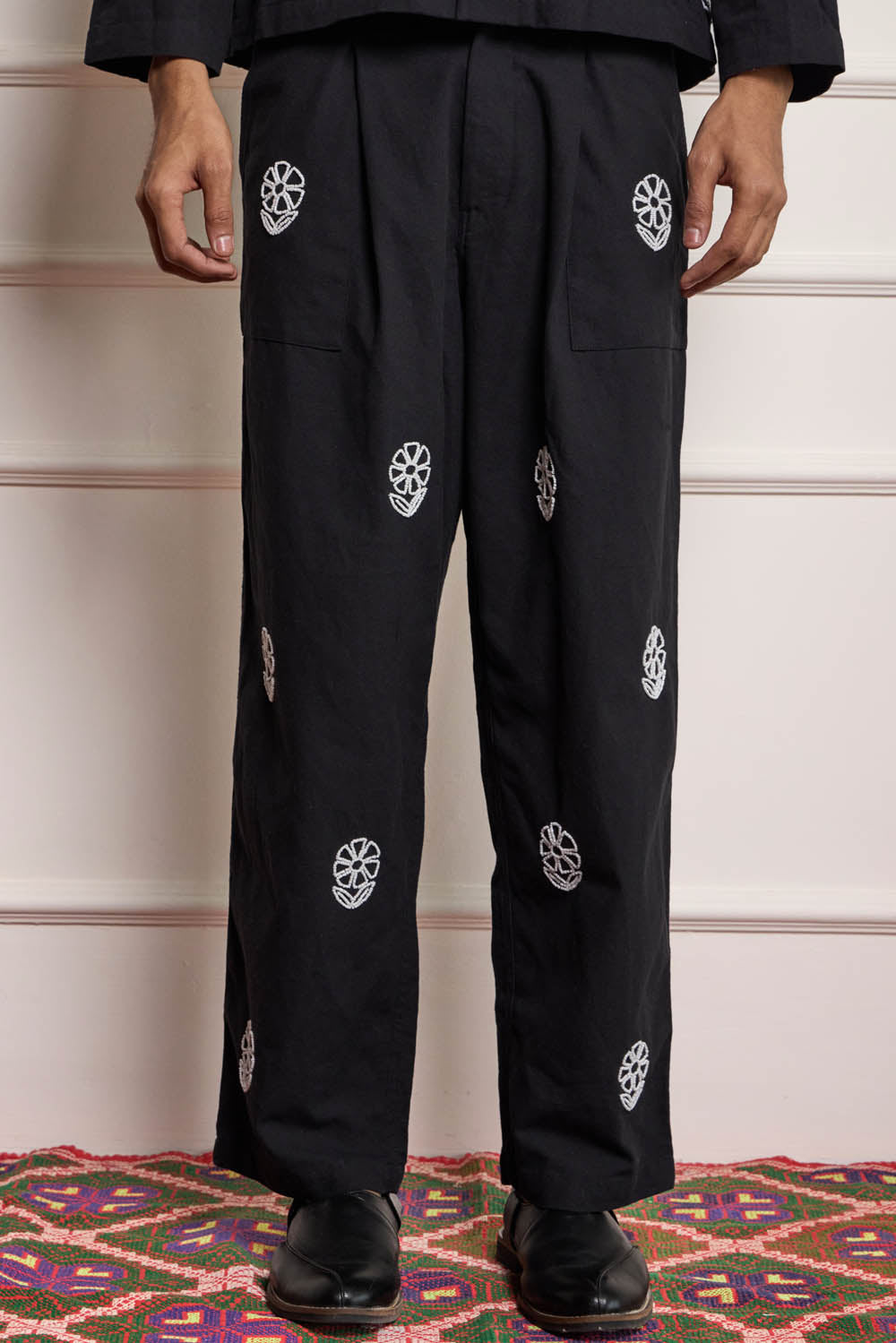 Bead Embroidered Wide Leg Pants