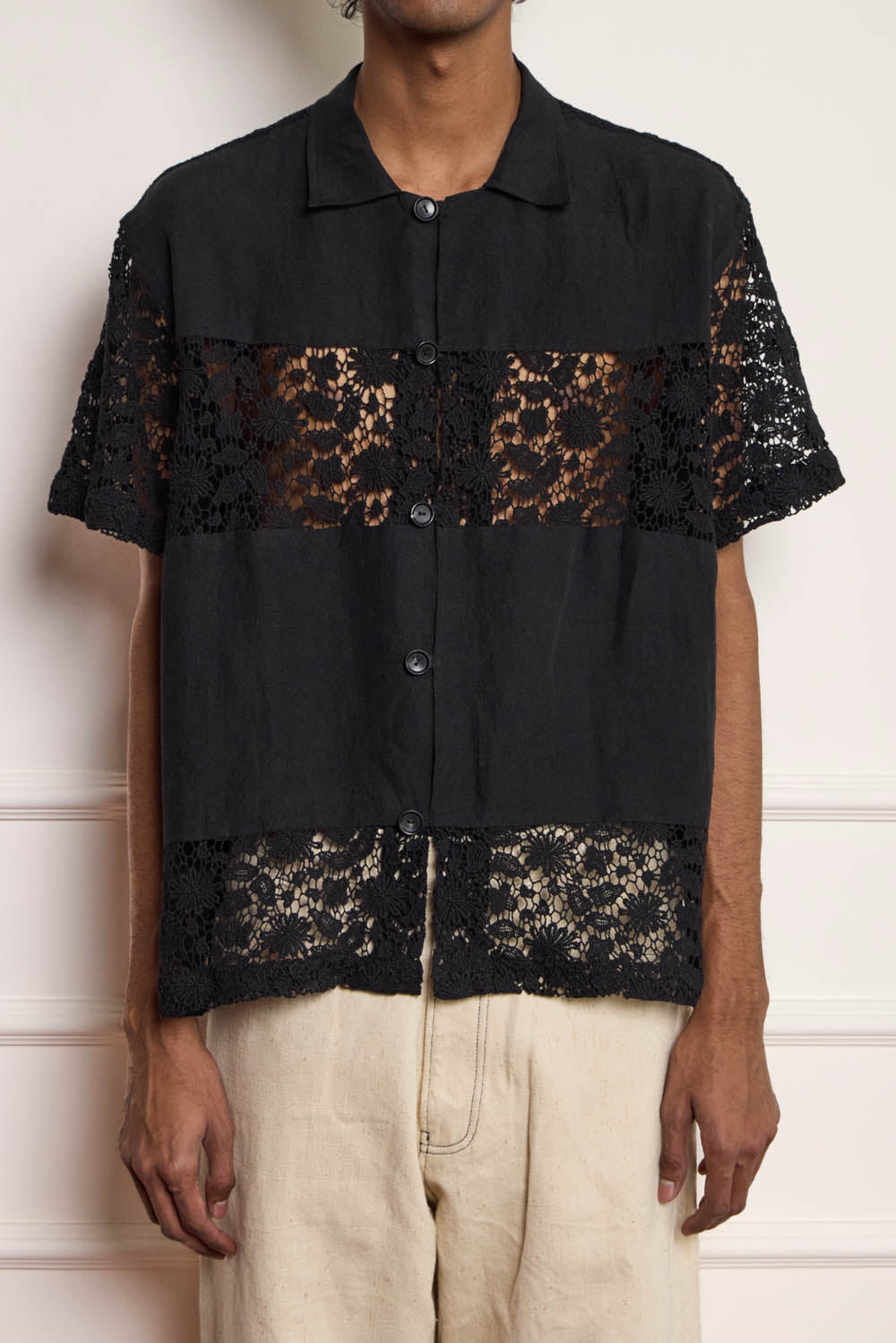 Lace Patchwork Shirt - Black