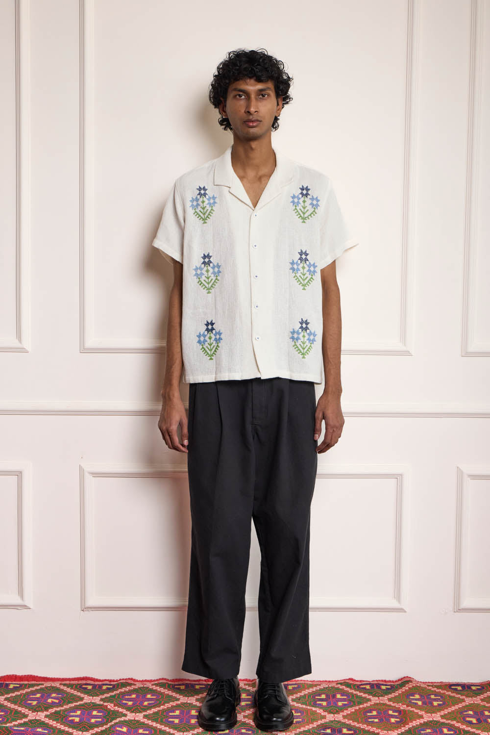 Floral Cross Stitch Embroidered Shirt